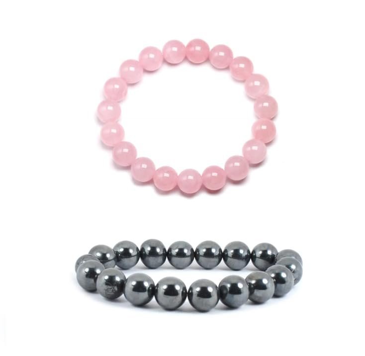 Divinity Crystals™ | Natural Hematite and Rose Quartz Real Pure Crystal Certified 8 mm Energy Bracelet Combo for Men and Women for Good Luck, Love, Abundance, Holistic Balancing and Deep Zen