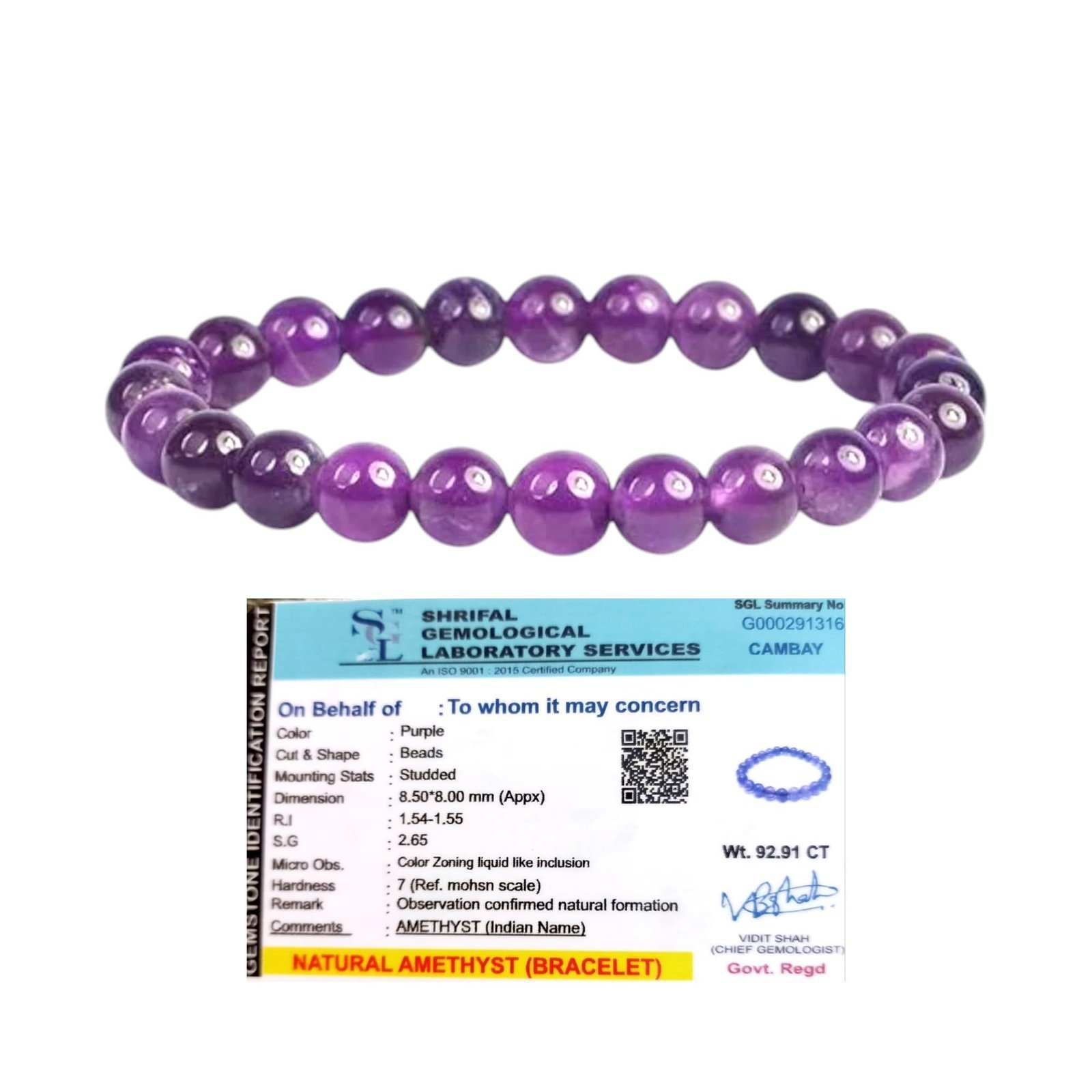 Authentic 8mm Kathela Amethyst Stone Bracelet showing natural color zoning