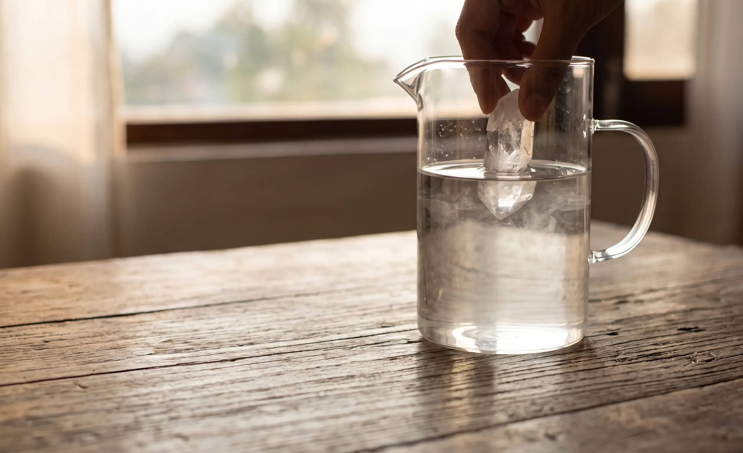 A hand places a raw Clear Quartz directly into a glass water pitcher, showing ungrounded energetic interference and cloudy water, illustrating why the indirect method is safer.