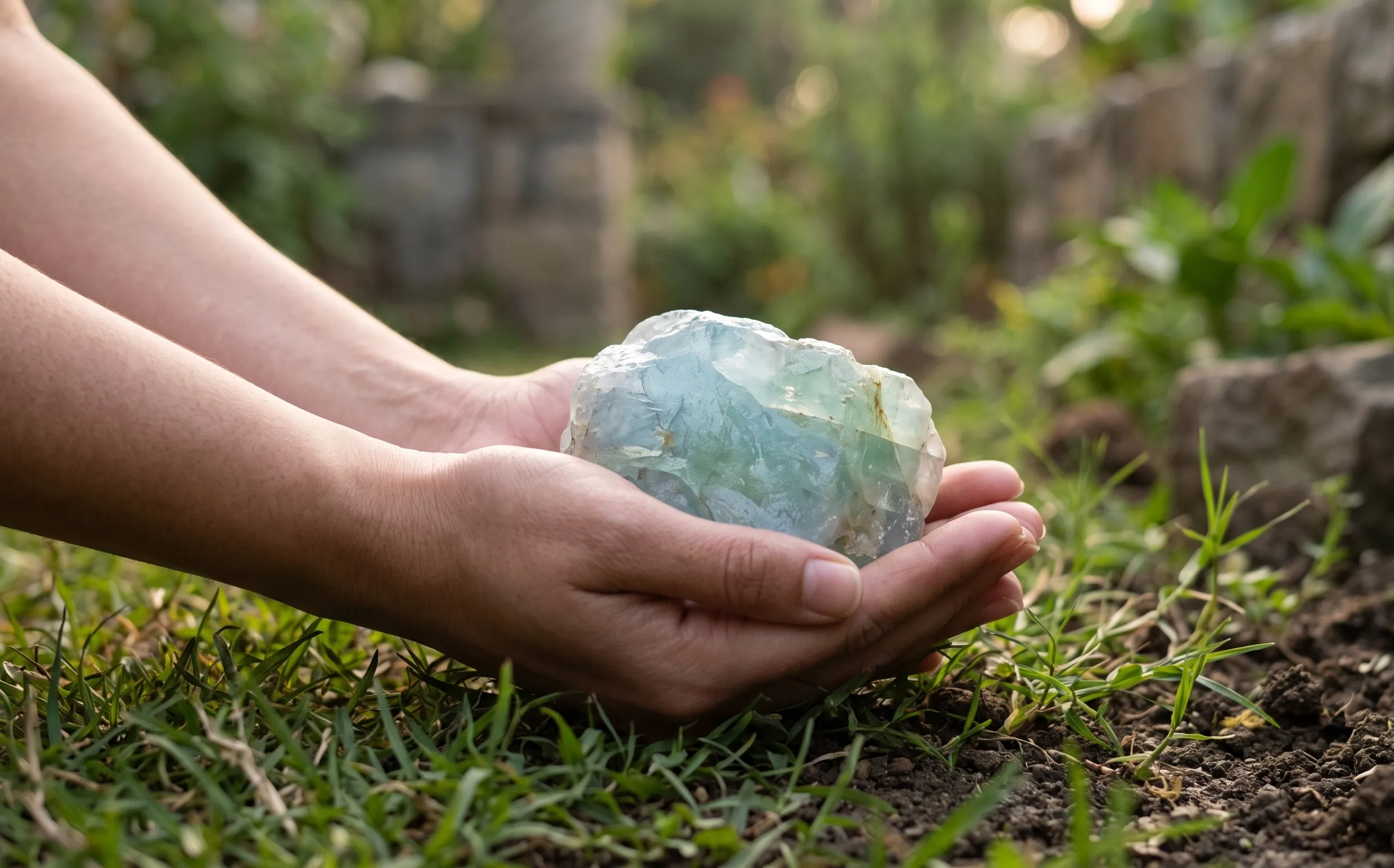 A serene close-up of a large Raw Aquamarine crystal held gently in cupped hands, suggesting clear and calm communication.