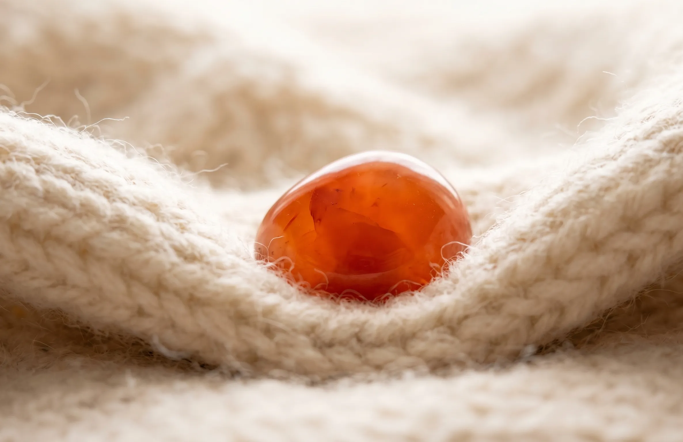 A smooth, deep orange Carnelian stone resting gently on a cozy, cream-colored knitted blanket in soft morning light.