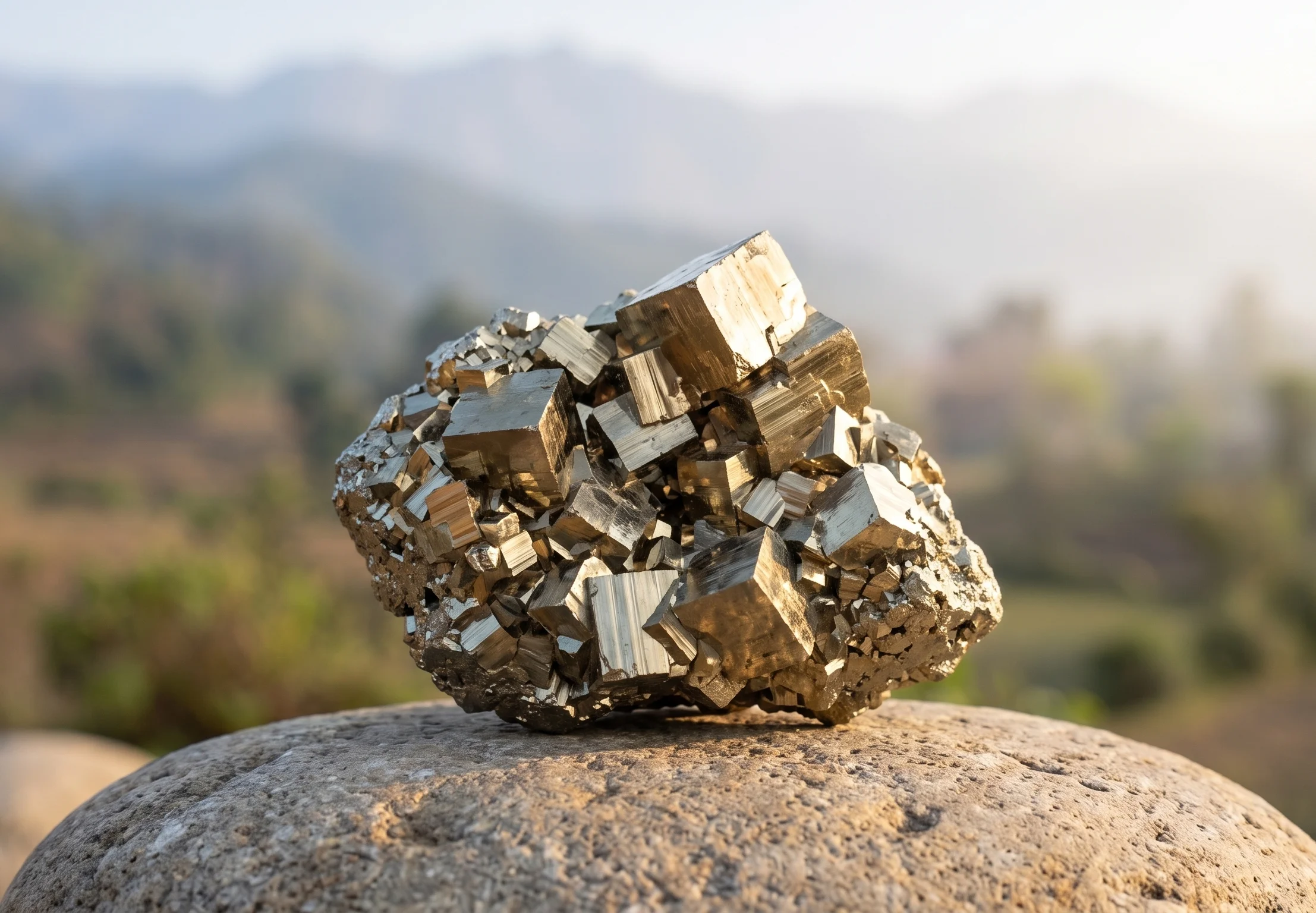 A close-up photograph of raw, cubic Peruvian Pyrite clusters resting on a river stone in soft, golden morning light near Dehradun.