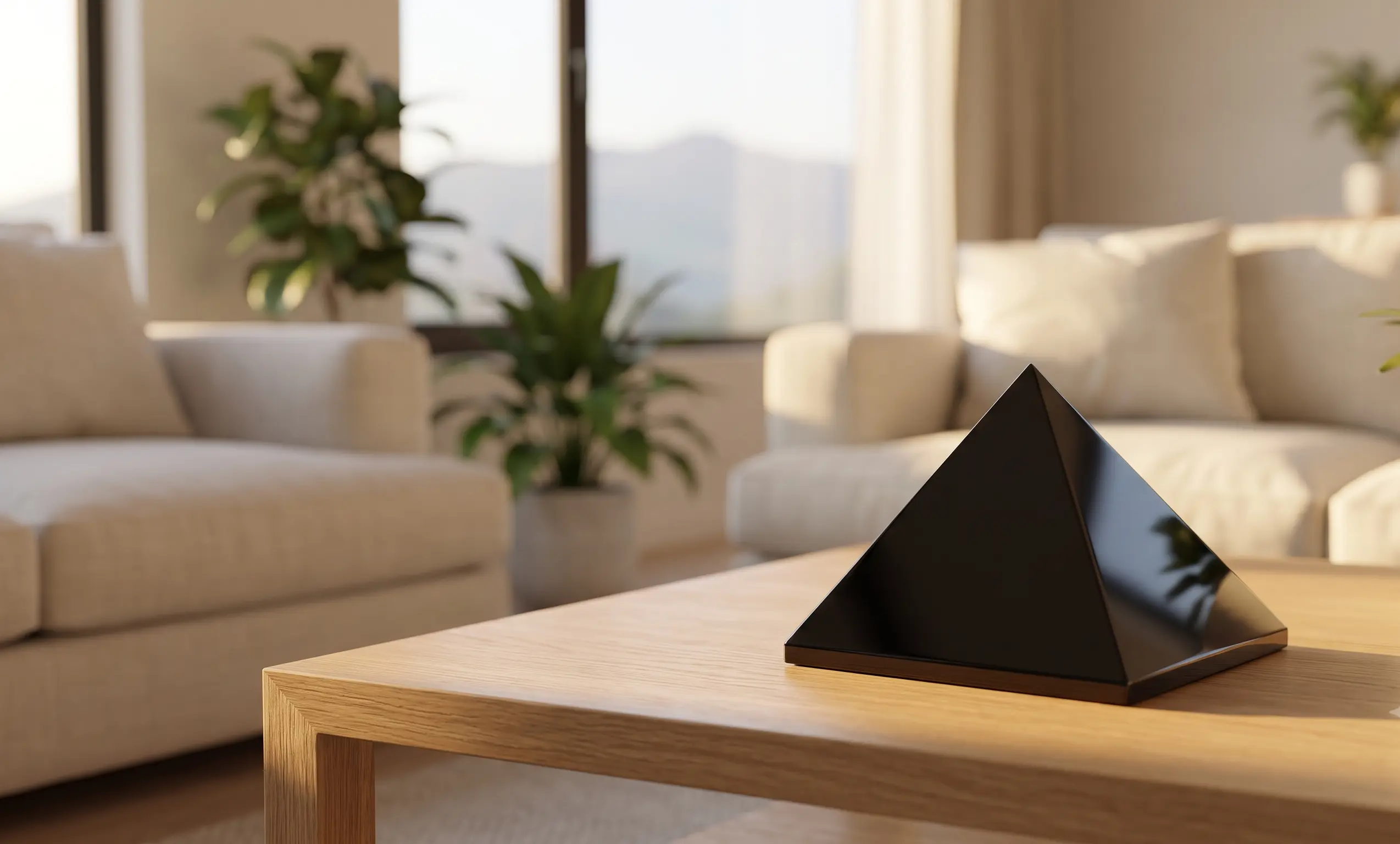 A polished black Shungite pyramid grounds a sunlit modern living room sanctuary, viewed in peaceful morning light.