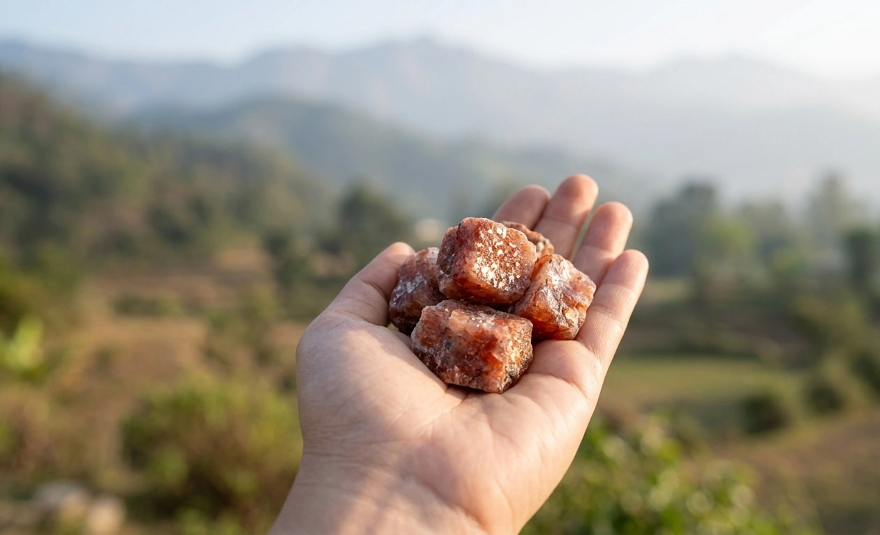 A close-up of a hand gently holding rough, sparkling raw Sunstone nodules against a serene backdrop of sunlit Himalayan foothills.