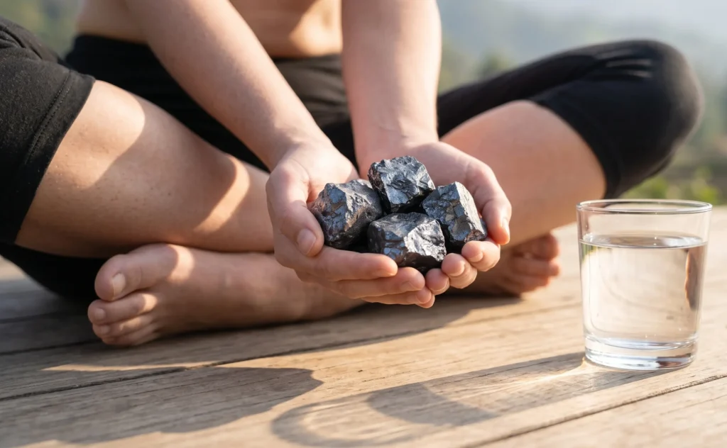 A soft-lit photograph of a person in meditation, holding raw Hematite in cupped hands, beside a glass of structured water, on a minimalist wooden deck.