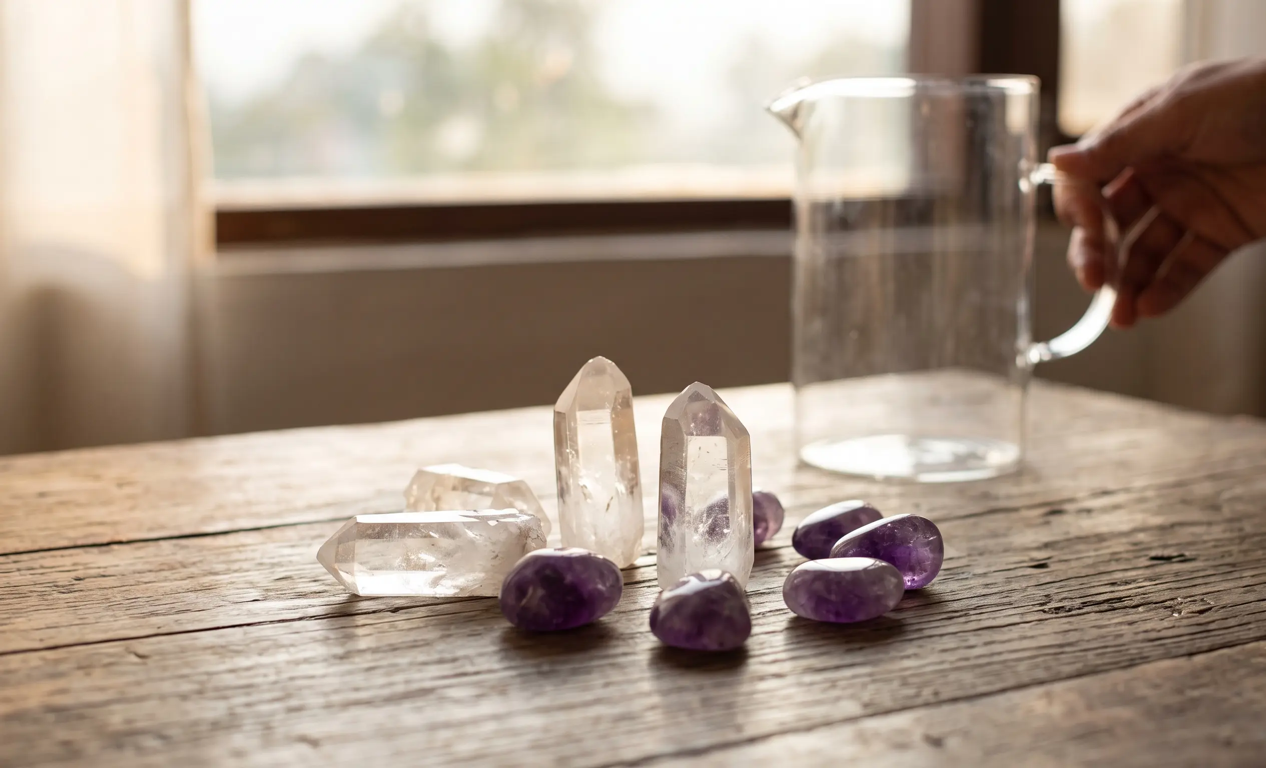 A hand prepares to bless a glass water pitcher in Dehradun morning light, surrounded by raw Clear Quartz clusters and polished Amethyst tumbles on a rustic wooden table.