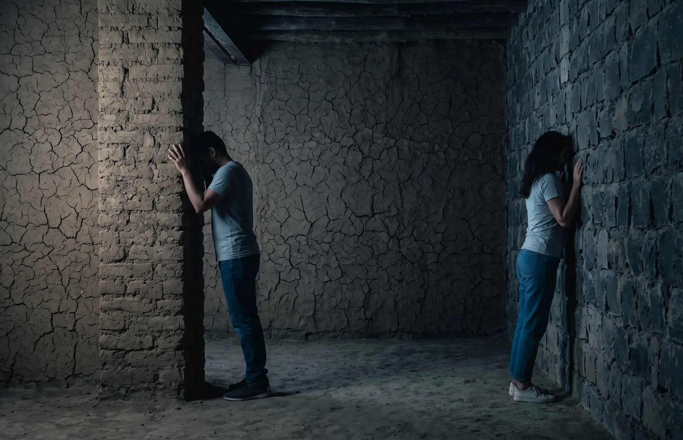 A moody, low-key photograph of a couple tensed against raw, arid textures and shadows, visually separated in a dimly lit room.