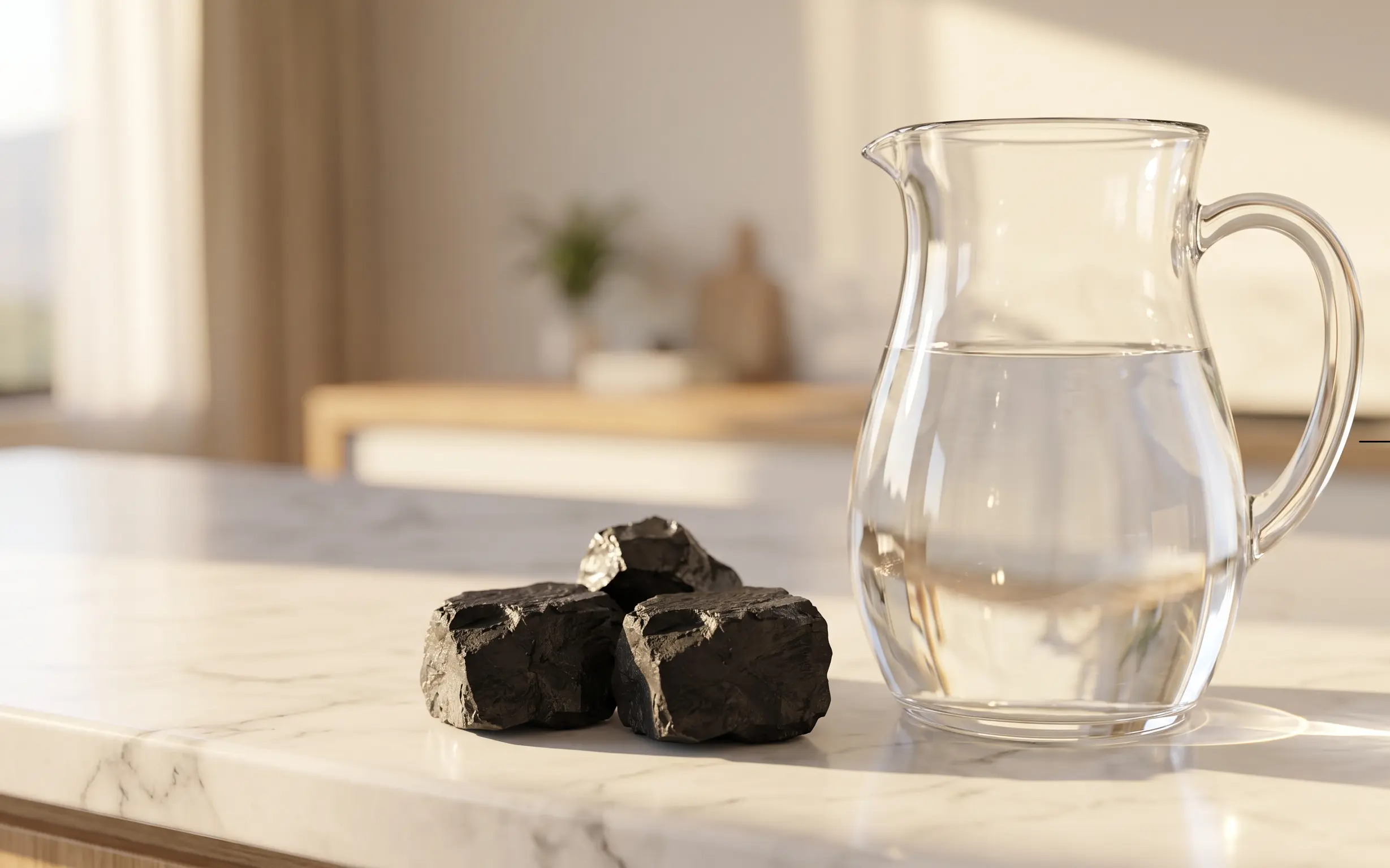 Raw Elite (Noble) Shungite nuggets purify a glass pitcher of water on a white marble kitchen countertop in golden morning sunlight.