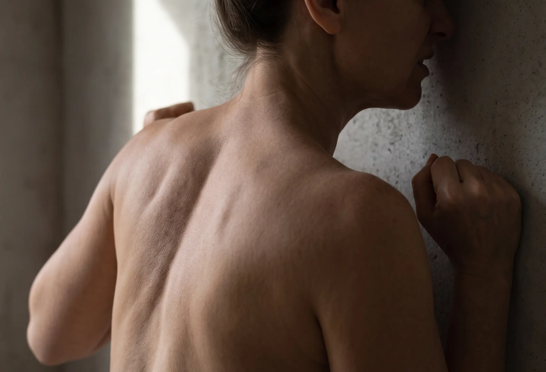 A slightly low-key photograph focusing intensely on hunched shoulders, clenched fists, and a tight jaw, visualizing physical tension and ungrounded energy.