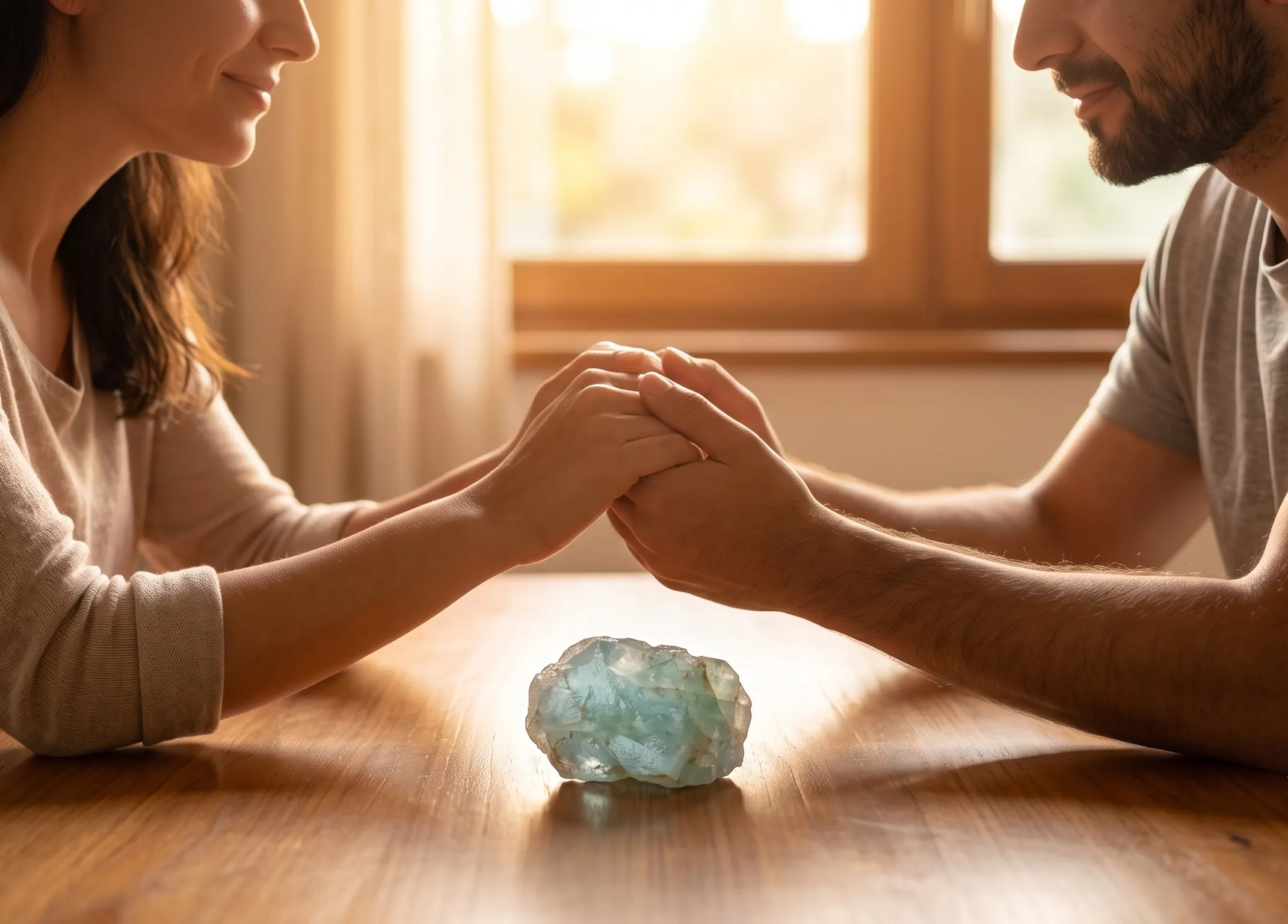 A soft, warm-lit photograph of a couple gently holding hands across a wooden table, with the Raw Aquamarine stone resting next to them.