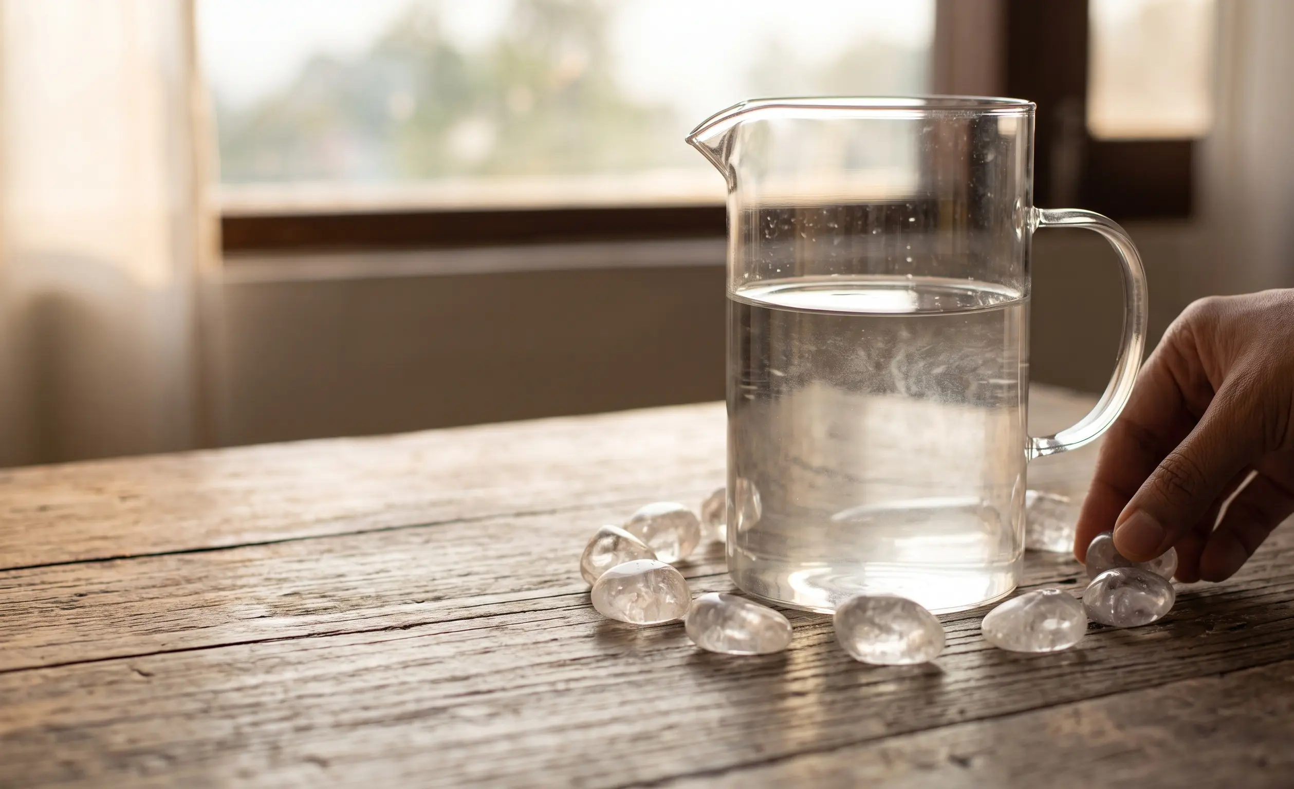 A calm hand arranges polished Clear Quartz tumbles in a circle around the outside base of a glass pitcher filled with pure water, radiating peace and spiritual calm in Dehradun morning light.