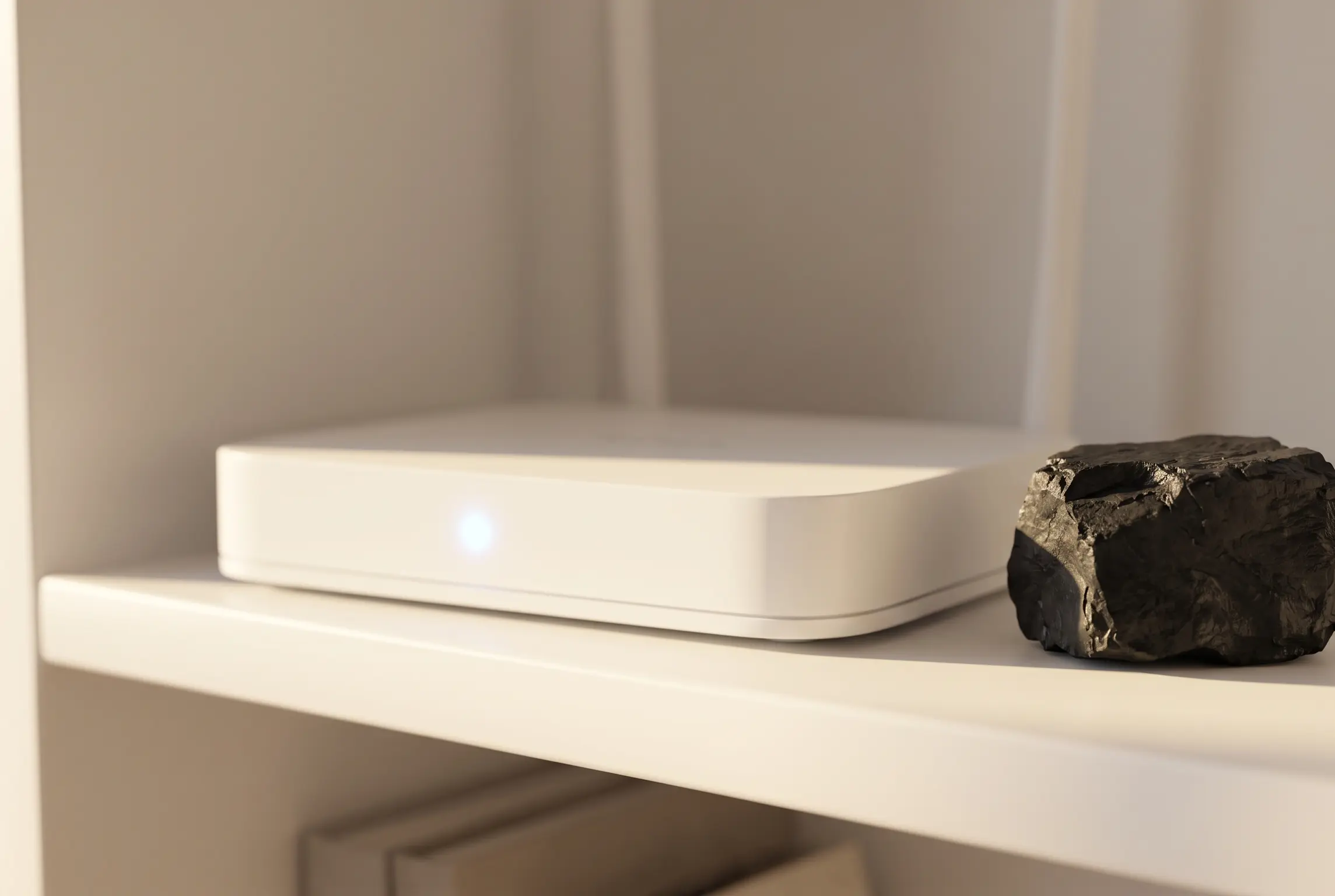 A rugged chunk of raw black Shungite stone neutralizes technological static next to a minimalist Wi-Fi router on a white shelf.