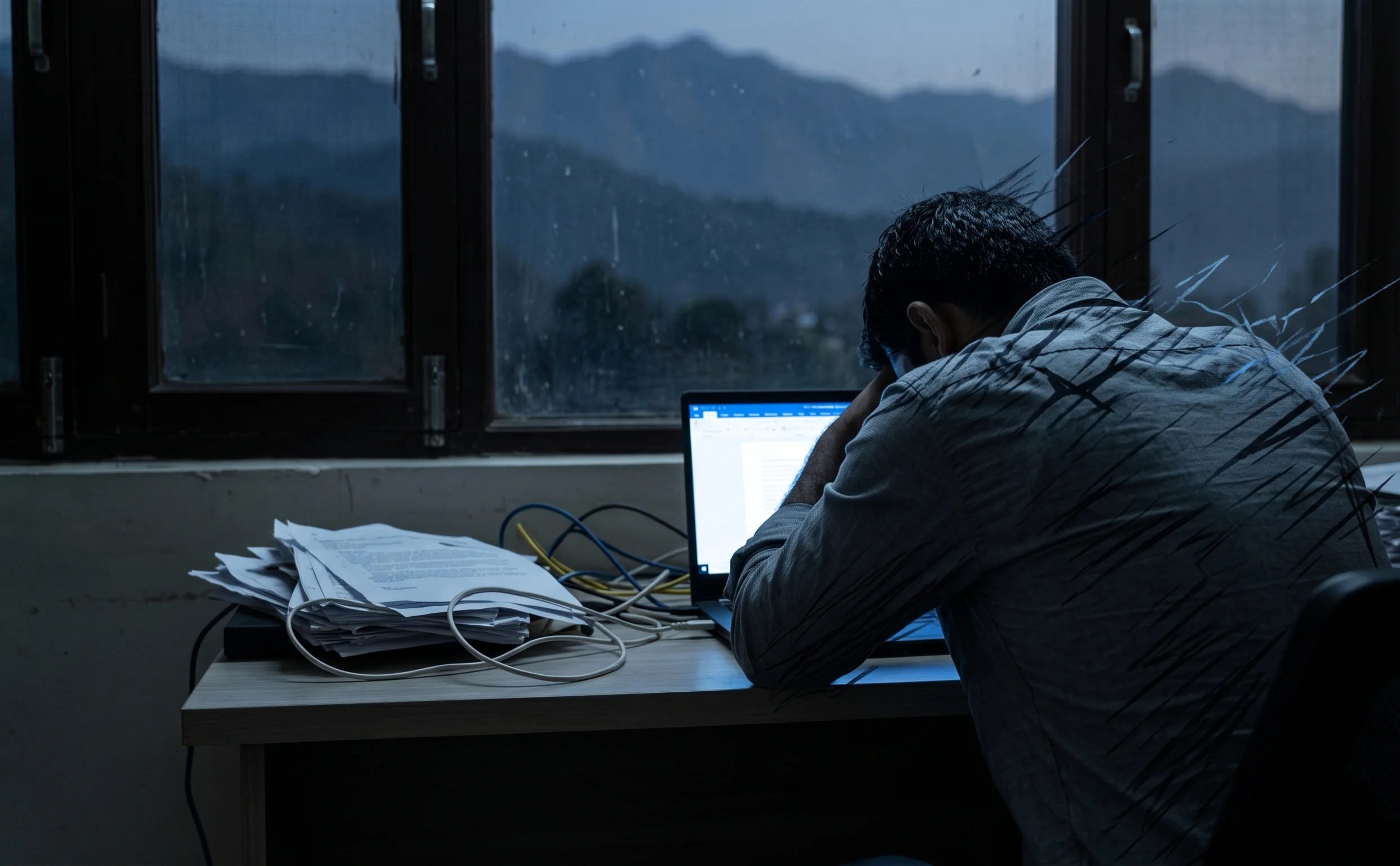 A person slumping forward over a cluttered desk at dusk, visualizing heavy physical fatigue and ungrounded static energy blockage.