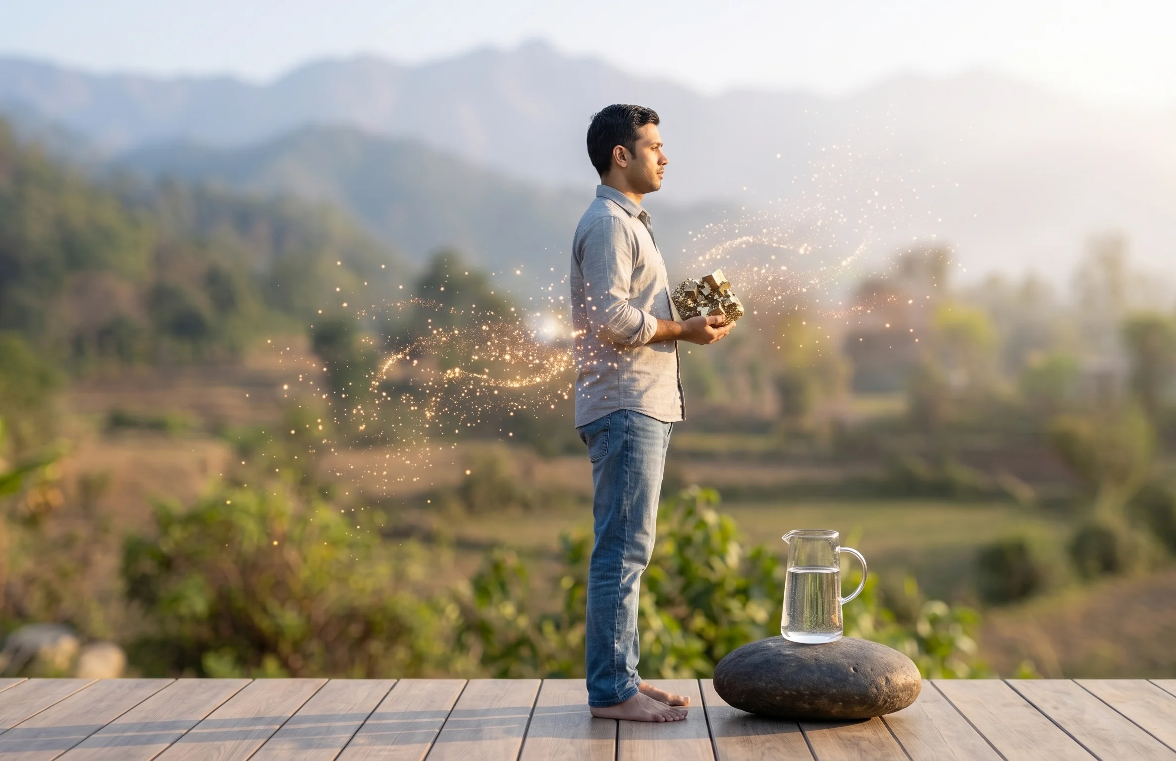 A calm, revitalized man stands barefoot on a wooden deck in the Dehradun foothills, holding a cluster of raw Peruvian Pyrite as glowing golden energy particles swirl around his solar plexus.