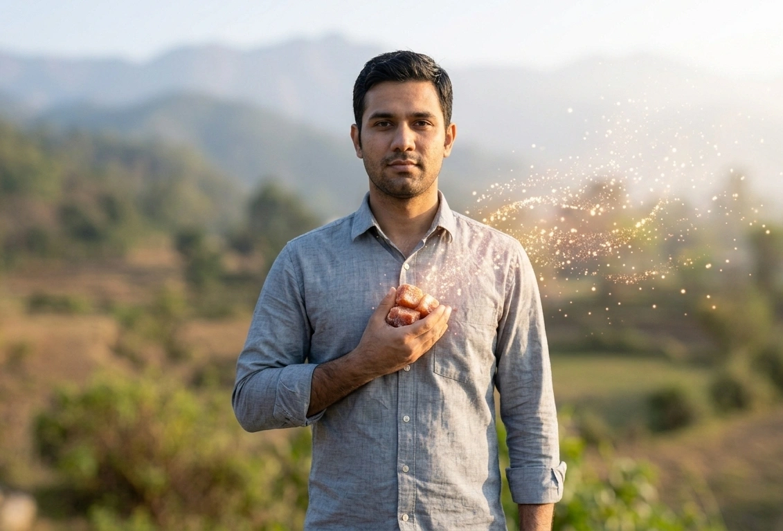 A revitalized man stands outdoors in natural sunlight, holding raw Sunstone to his chest as bright, glowing golden energy particles swirl around his heart space.