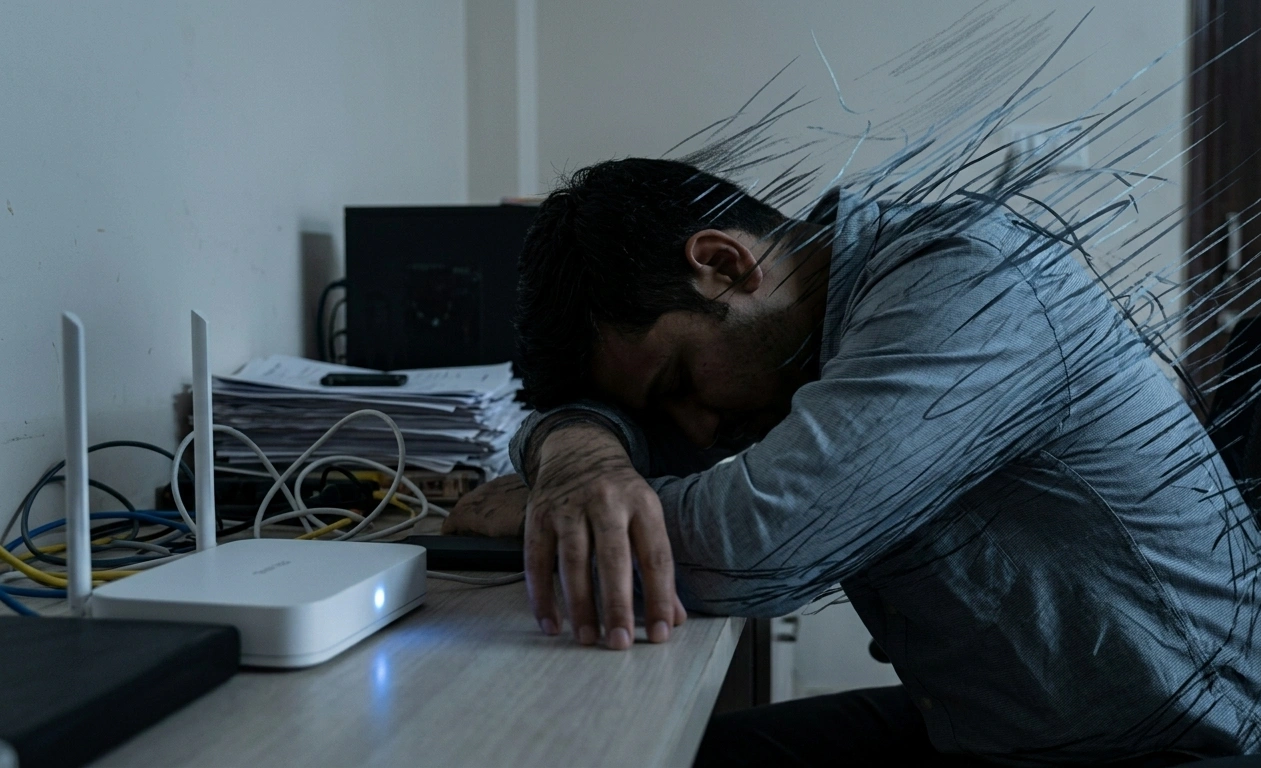 A tired man slumps forward at a desk next to a Wi-Fi router, surrounded by dark, jagged visual lines symbolizing heavy urban static and physical lethargy.